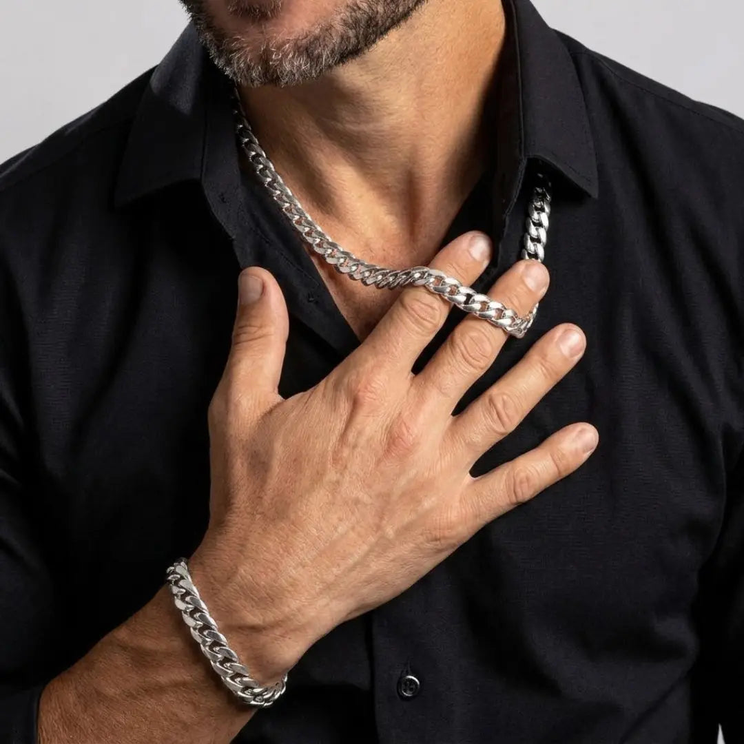 Silver Classic Cuban Link Chain & Bracelet Jewelry Set – Flat-Bevel Silver Curb Chain Matching Set for Men & Women